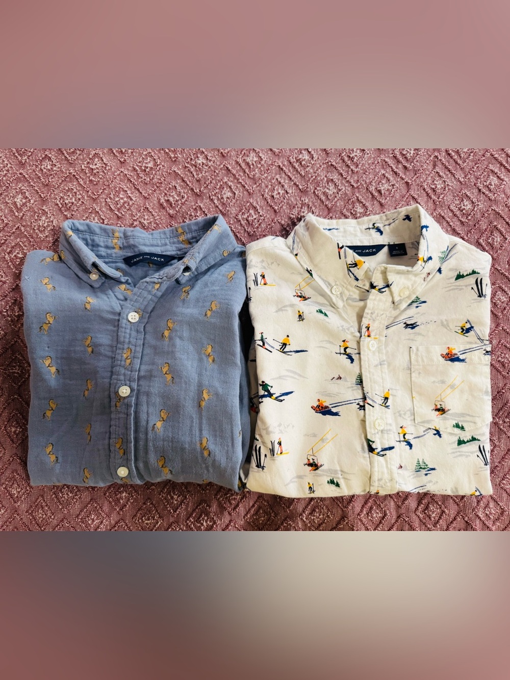 Janie and Jack Boys' Blue and Cream Printed Button-Down Long-SleeveShirts Size 6